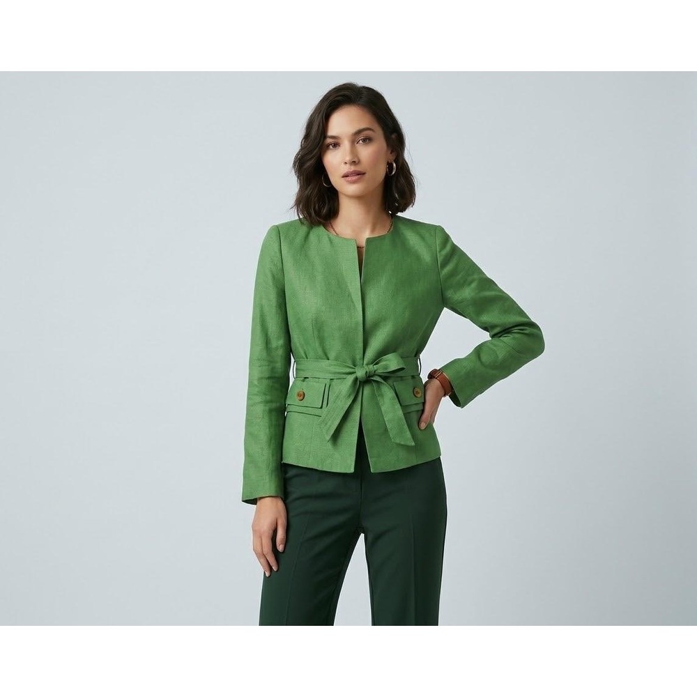 Zara Blazer Women Size 4 Green Belted Collarless Textured Rayon Jacket Y2K